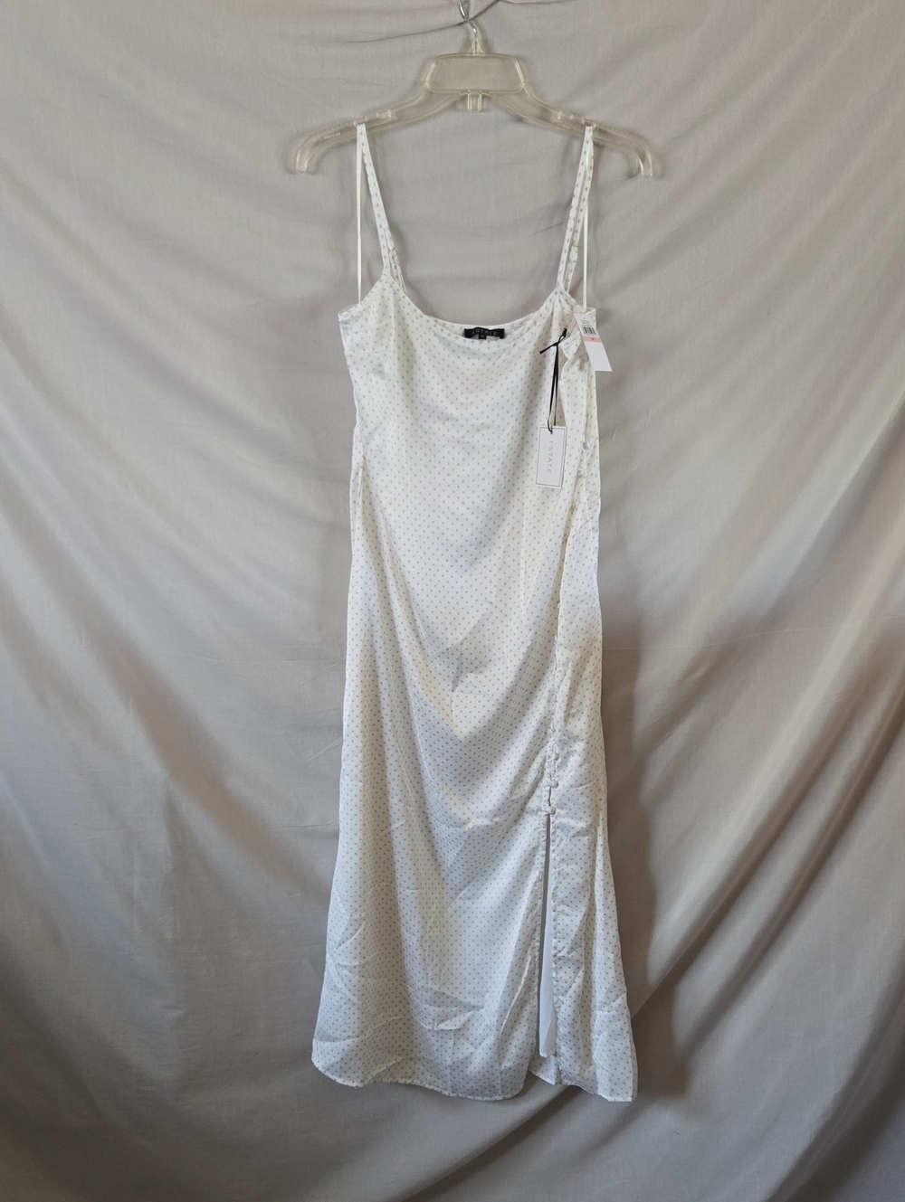 1. State White Polka Dot Satin Midi Slip Dress with Side Slit